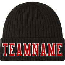 Load image into Gallery viewer, Custom Black Red-White Stitched Cuffed Knit Hat
