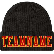Load image into Gallery viewer, Custom Black Red-Gold Stitched Cuffed Knit Hat
