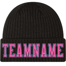 Load image into Gallery viewer, Custom Black Pink-Light Blue Stitched Cuffed Knit Hat
