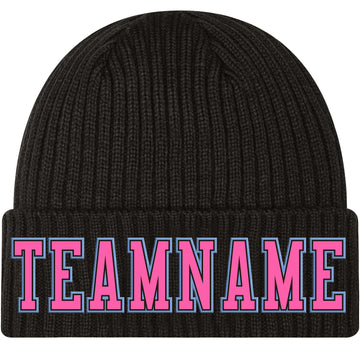 Custom Black Pink-Light Blue Stitched Cuffed Knit Hat