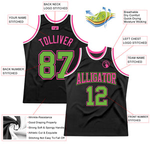 Custom Black Neon Green-Pink Authentic Throwback Basketball Jersey