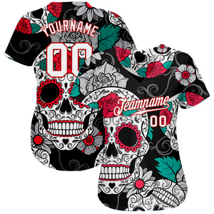 Custom Black White-Red 3D Skull Fashion Authentic Baseball Jersey