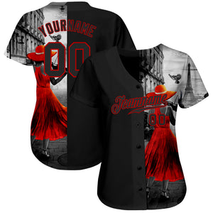 Custom Black Black-Red 3D Pattern Design A Girl With The Eiffel Tower Authentic Baseball Jersey