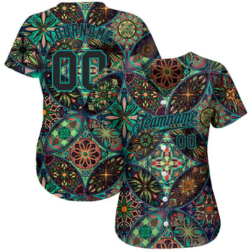 Custom Black Black-Teal 3D Pattern Design Mandalas Authentic Baseball Jersey
