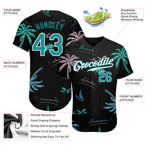 Custom Black Teal-White 3D Pattern Design Hawaii Palm Trees Authentic Baseball Jersey