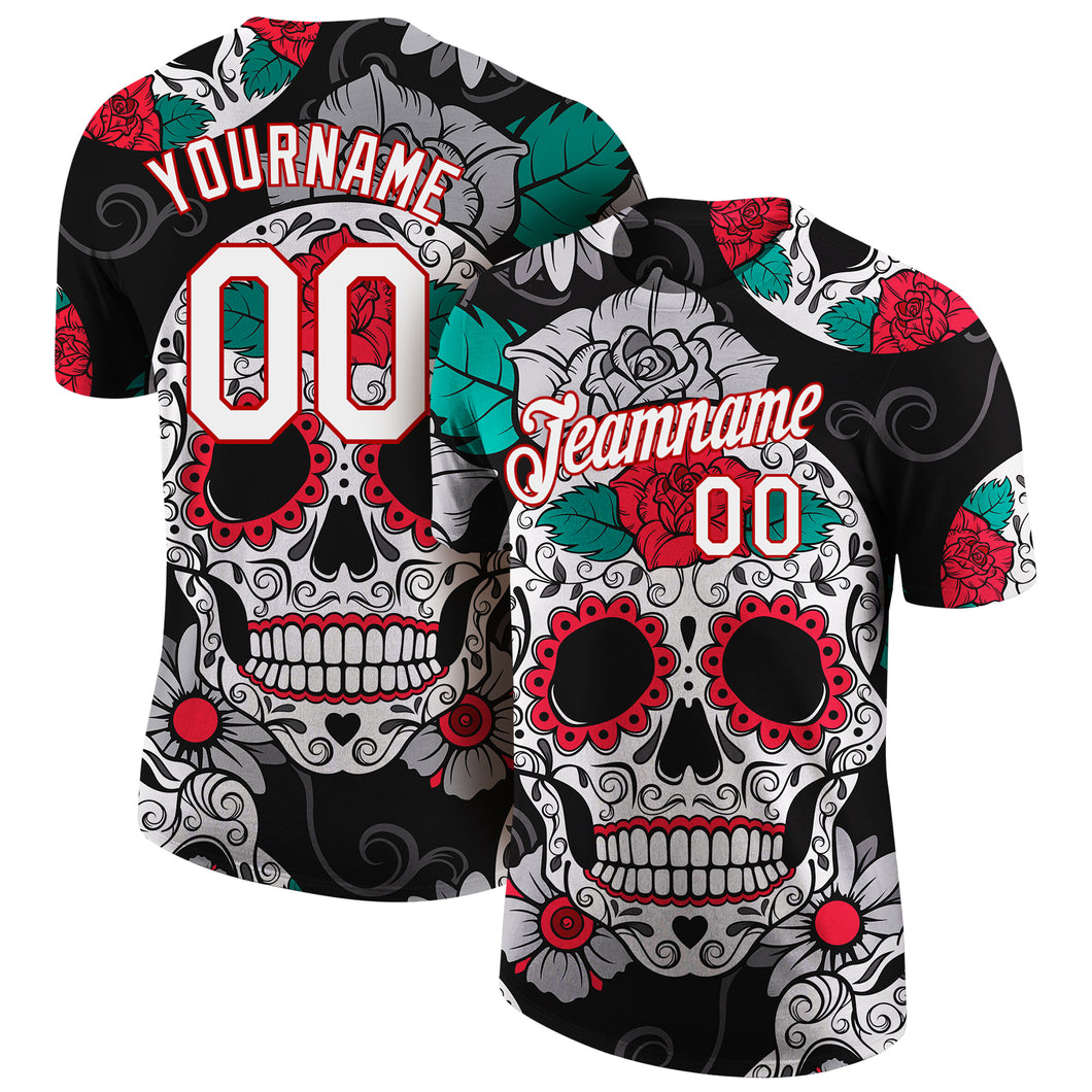 Custom Black White-Red 3D Skull Fashion Performance T-Shirt