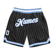 Load image into Gallery viewer, Custom Black White Pinstripe White-Light Blue Authentic Basketball Shorts
