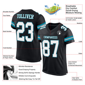 Custom Black White-Teal Mesh Authentic Football Jersey