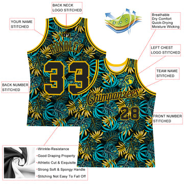 Custom Black Black-Gold 3D Pattern Design Tropical Plants Authentic Basketball Jersey