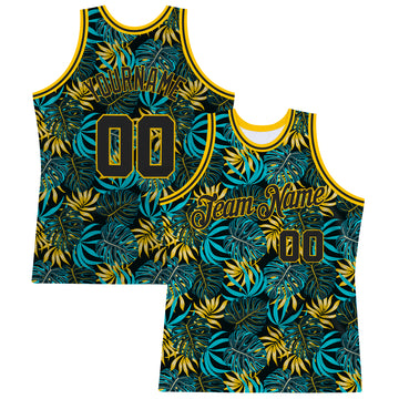 Custom Black Black-Gold 3D Pattern Design Tropical Plants Authentic Basketball Jersey