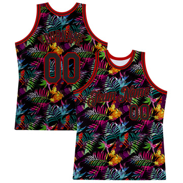 Custom Black Black-Red 3D Pattern Design Tropical Palm Leaves Authentic Basketball Jersey