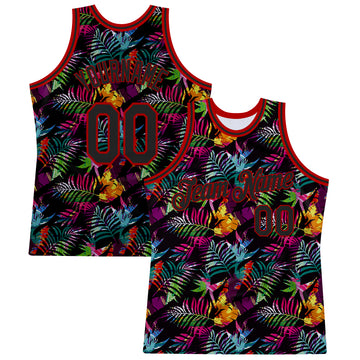 Custom Black Black-Red 3D Pattern Tropical Hawaii Palm Leaves Authentic Basketball Jersey