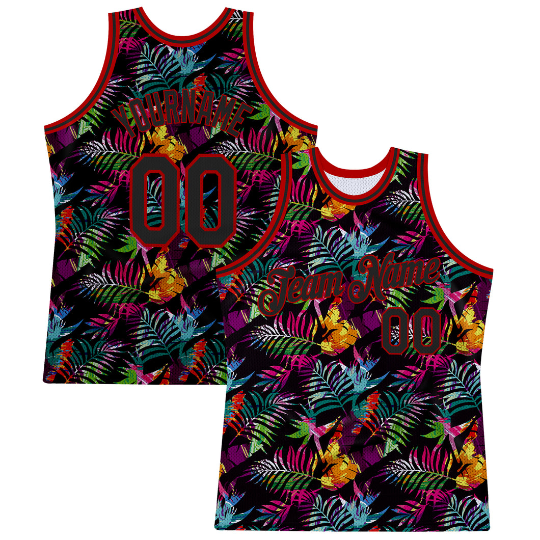 Custom Black Black-Red 3D Pattern Design Tropical Palm Leaves Authentic Basketball Jersey