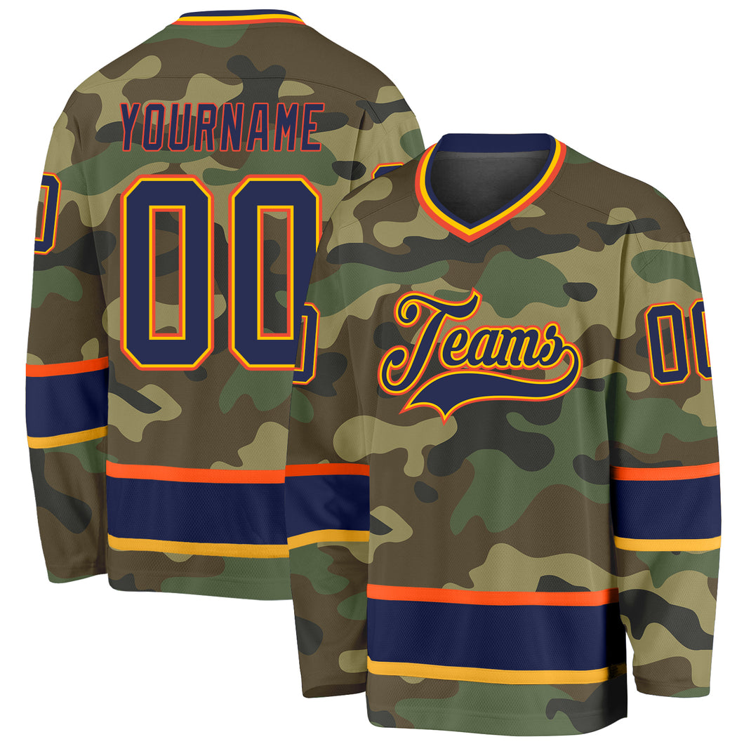 Custom Camo Navy-Orange Salute To Service Hockey Jersey