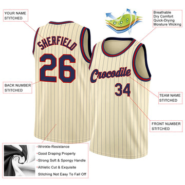 Custom Cream Navy Pinstripe Navy-Red Authentic Throwback Basketball Jersey