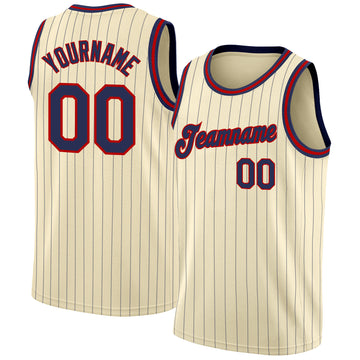 Custom Cream Navy Pinstripe Navy-Red Authentic Throwback Basketball Jersey