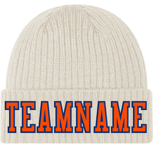 Custom Cream Orange-Royal Stitched Cuffed Knit Hat