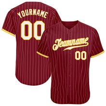 Load image into Gallery viewer, Custom Crimson Cream Pinstripe Gold-White Authentic Baseball Jersey
