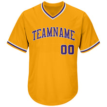 Load image into Gallery viewer, Custom Gold Purple-White Authentic Throwback Rib-Knit Baseball Jersey Shirt
