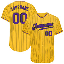 Load image into Gallery viewer, Custom Yellow Black Pinstripe Purple-Black Authentic Baseball Jersey
