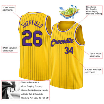 Custom Gold Black Pinstripe Purple-White Authentic Throwback Basketball Jersey