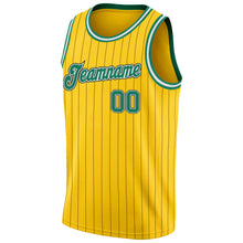 Load image into Gallery viewer, Custom Gold Black Pinstripe Kelly Green-White Authentic Basketball Jersey
