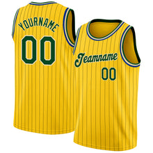 Load image into Gallery viewer, Custom Gold Black Pinstripe Green-Cream Authentic Basketball Jersey

