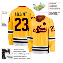 Load image into Gallery viewer, Custom Gold Black-Red Hockey Jersey
