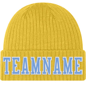 Custom Gold Light Blue-White Stitched Cuffed Knit Hat