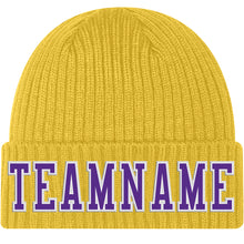 Load image into Gallery viewer, Custom Gold Purple-White Stitched Cuffed Knit Hat
