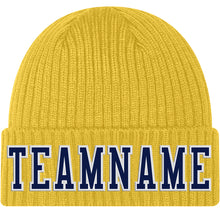 Load image into Gallery viewer, Custom Gold Navy-White Stitched Cuffed Knit Hat
