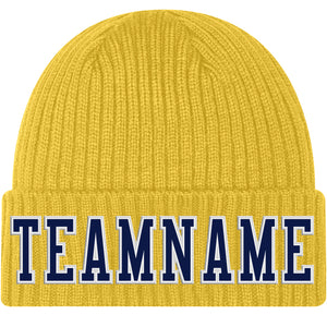 Custom Gold Navy-White Stitched Cuffed Knit Hat