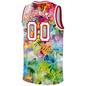 Custom Scratch Graffiti Pattern White-Red 3D Authentic Basketball Jersey