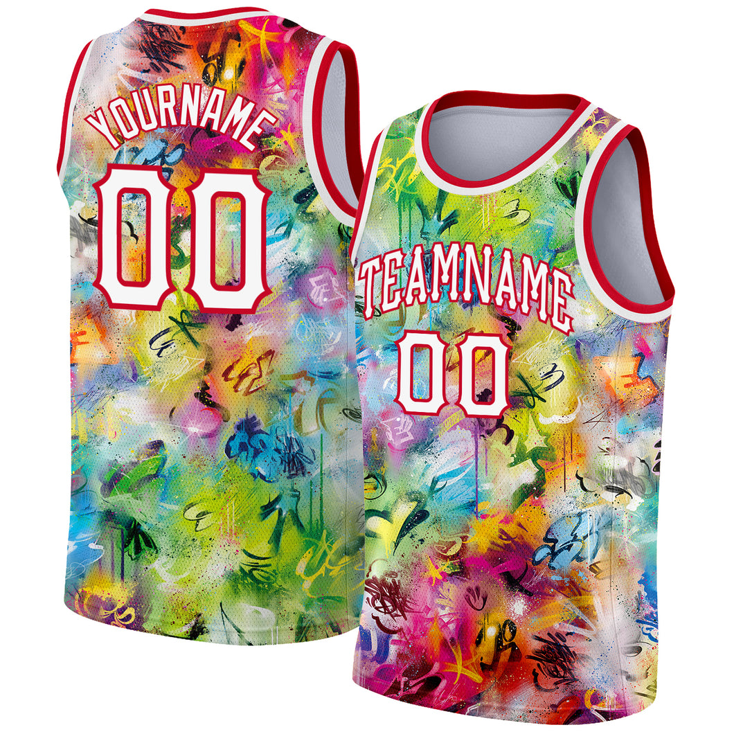 Custom Scratch Graffiti Pattern White-Red 3D Authentic Basketball Jersey