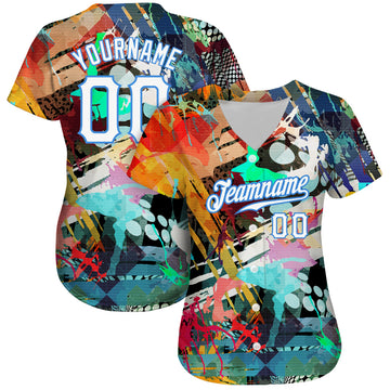 Custom Graffiti Colored Abstract Pattern White-Light Blue 3D Authentic Baseball Jersey
