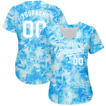 Load image into Gallery viewer, Custom Scratch Graffiti Pattern White-Light Blue 3D Authentic Baseball Jersey
