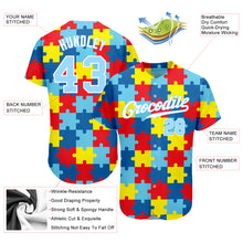 Load image into Gallery viewer, Custom Autism Awareness Puzzle Pieces Light Blue-White 3D Authentic Baseball Jersey
