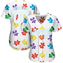 Load image into Gallery viewer, Custom Autism Awareness Puzzle Pieces-White Light Blue 3D Authentic Baseball Jersey
