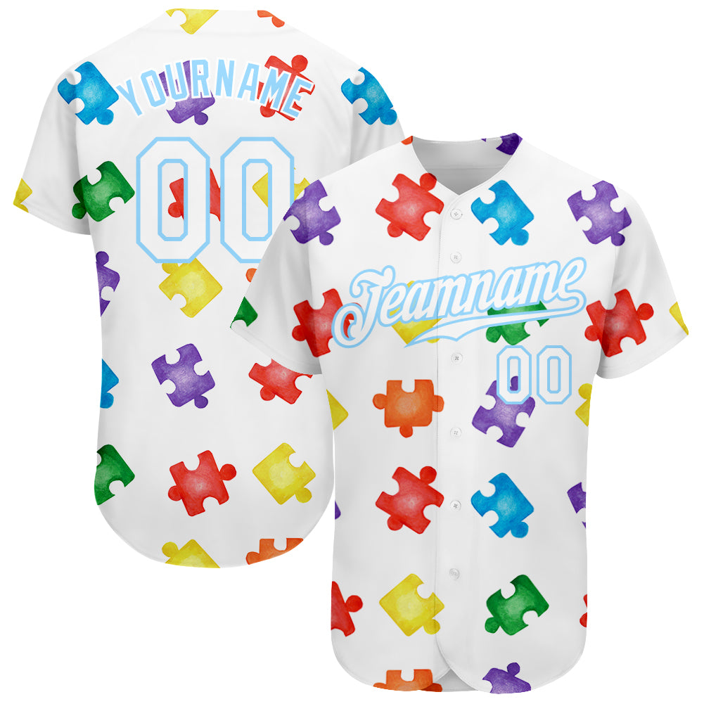 Custom Autism Awareness Puzzle Pieces-White Light Blue 3D Authentic Baseball Jersey