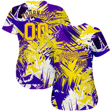 Load image into Gallery viewer, Custom Graffiti Pattern Gold-Purple 3D Authentic Baseball Jersey
