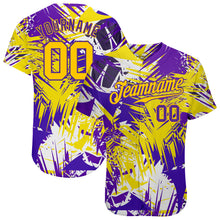 Load image into Gallery viewer, Custom Graffiti Pattern Gold-Purple 3D Authentic Baseball Jersey
