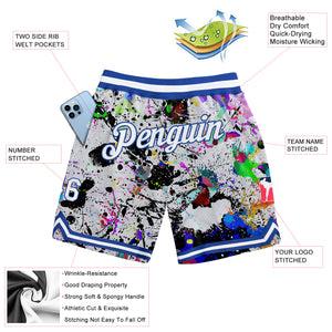 Custom Graffiti Pattern White-Royal 3D Authentic Basketball Shorts