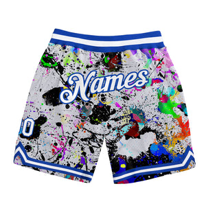 Custom Graffiti Pattern White-Royal 3D Authentic Basketball Shorts