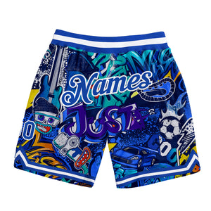 Custom Graffiti Pattern Royal-White 3D Authentic Basketball Shorts