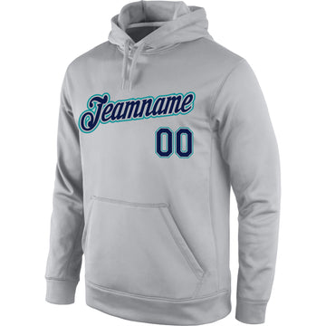 Custom Stitched Gray Navy-Aqua Sports Pullover Sweatshirt Hoodie