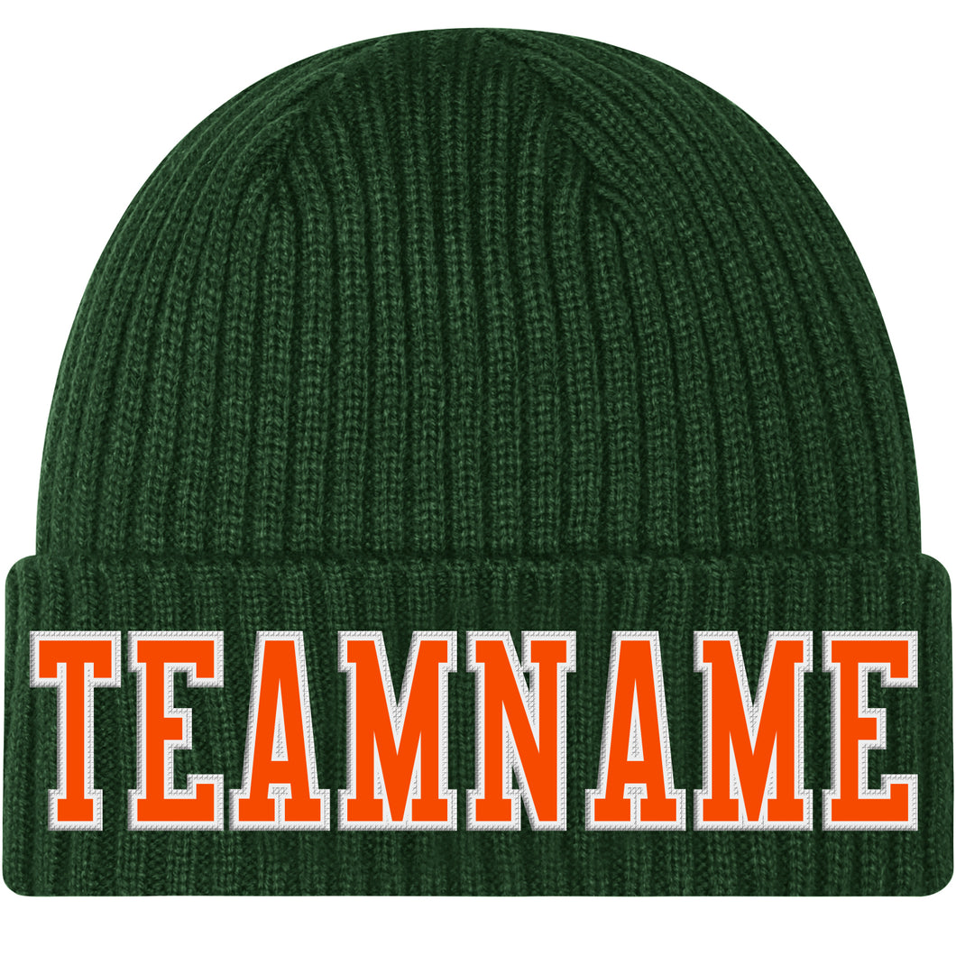 Custom Green Orange-White Stitched Cuffed Knit Hat