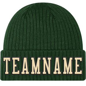 Custom Green Cream-Black Stitched Cuffed Knit Hat