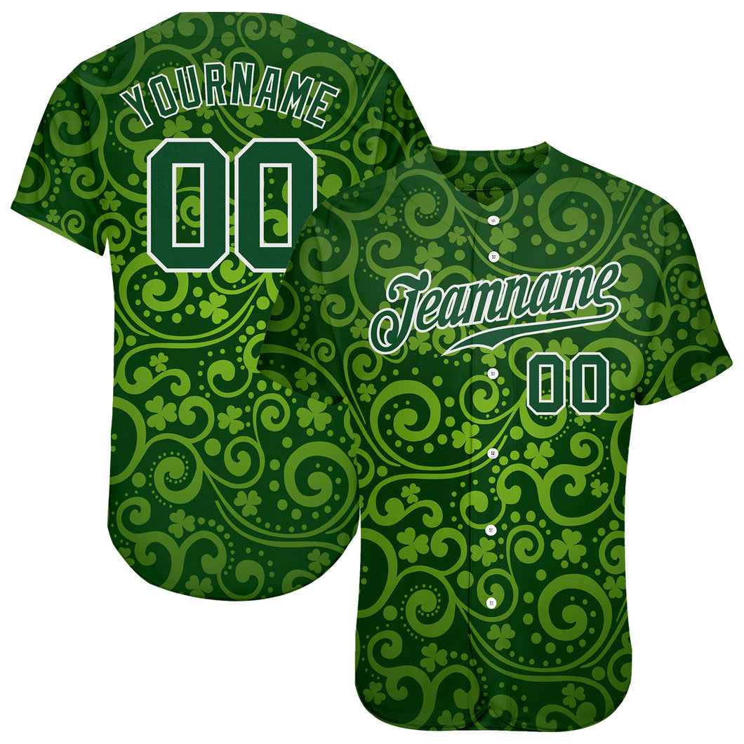 Custom Green Green-White 3D Pattern Design Authentic St. Patrick's Day Baseball Jersey