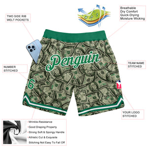 Custom Green Kelly Green-White 3D Pattern Design Dollar Authentic Basketball Shorts