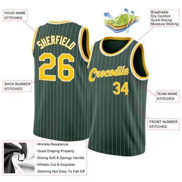 Custom Hunter Green White Pinstripe Gold-White Authentic Throwback Basketball Jersey